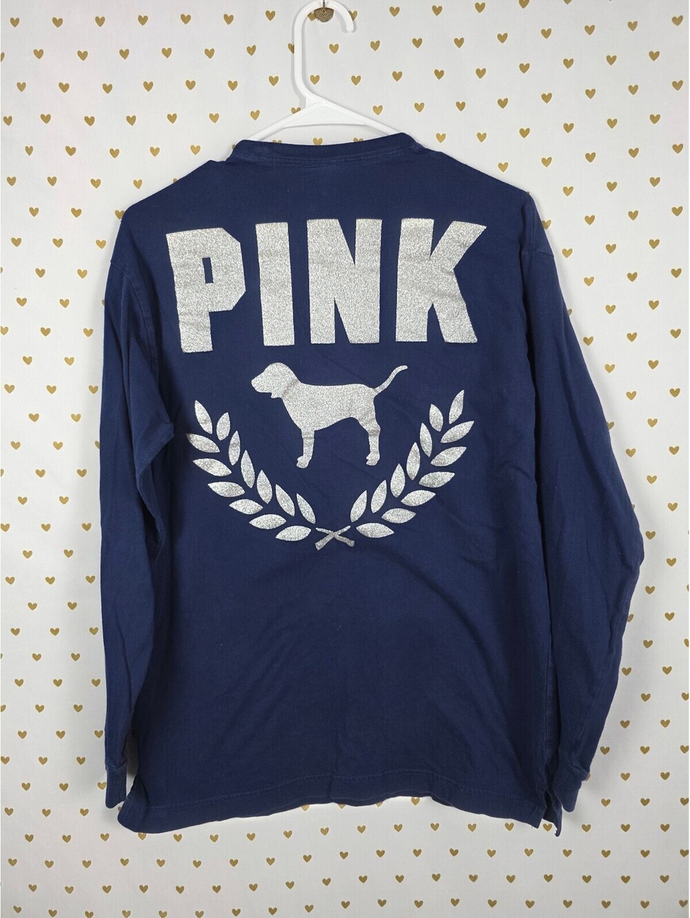 Victorias Secret PINK GLITTER BLING Crest Dog Logo Tee shirt blue pocket Small